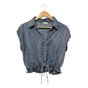 Doe And Rae Blue Denim Button-Up Women's Top Tencel Small Chambray Drawstring